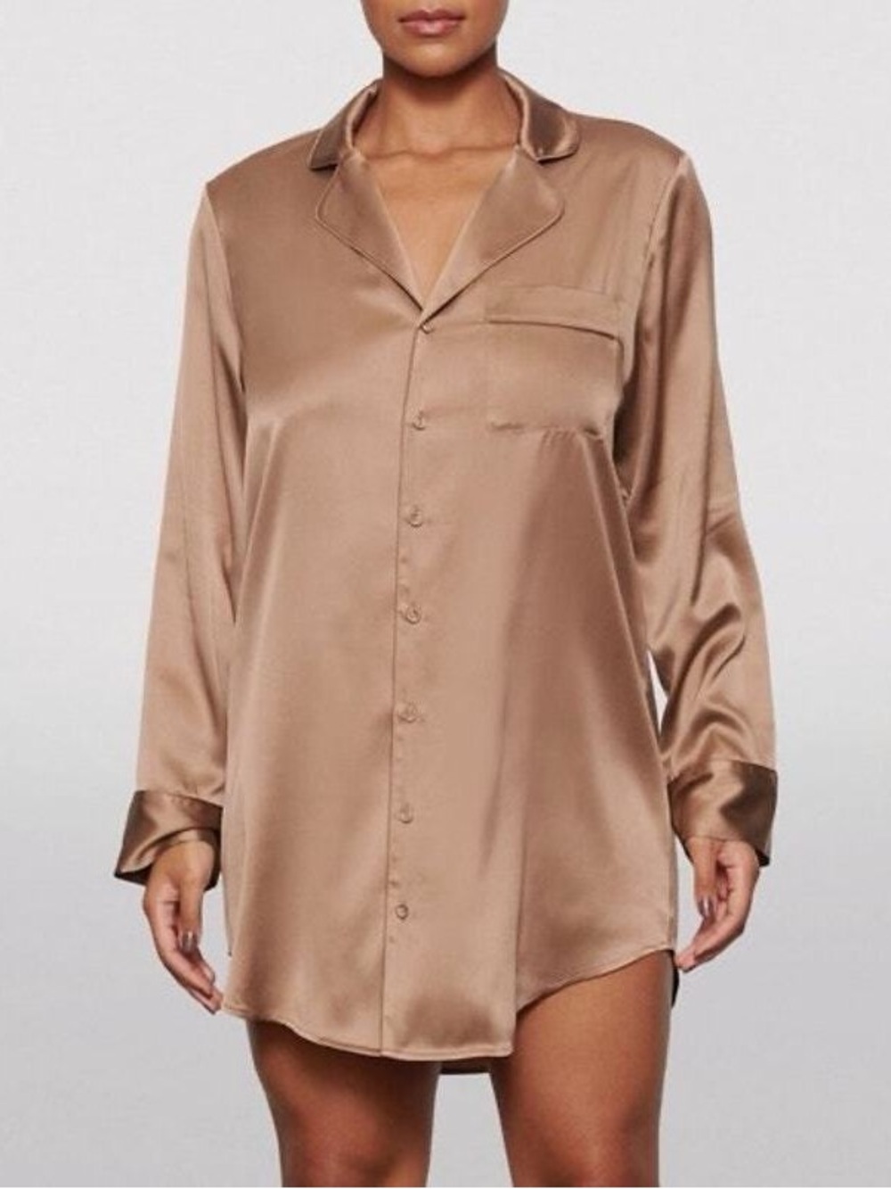 Satin Button-Up Sleep Shirt in Shimmery Brown